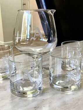 Vintage Clear Glass Etched Brandy Snifter and Tumbler Set | Monogrammed “A”